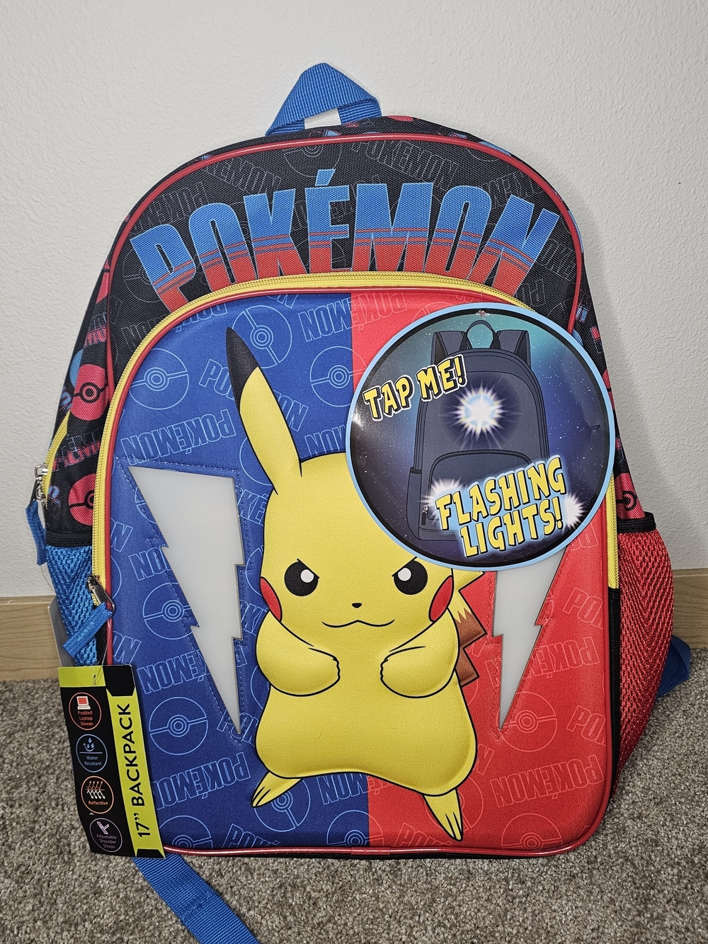 Pikachu Kids Backpack with Flashing Lights - Blue/Red